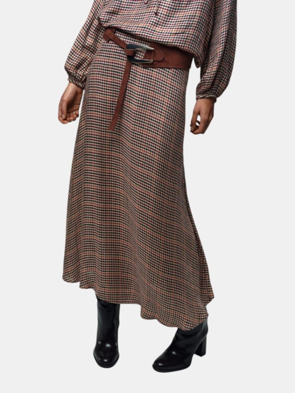 NWT ZARA CHECK MIDI SKIRT BROWN ECRU CHECK PRINT  SIZE M